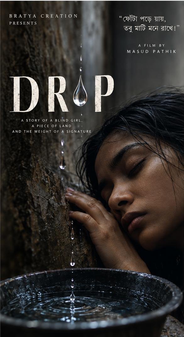 Poster for Drop: a blind young woman resting her head against a tree as water drips into a bowl